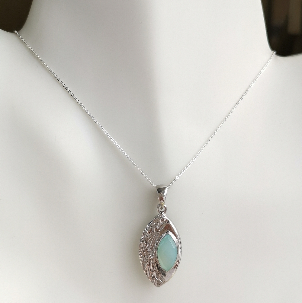 Aqua chalcedony pendant Necklace Art Nouveau Sterling Silver 🆕 - Picture 2 of 14